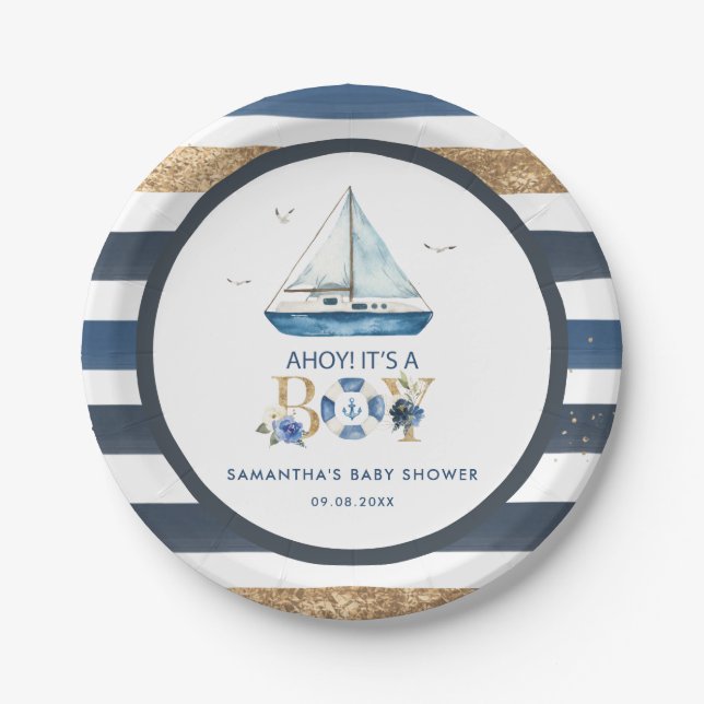 Nautical Blue Boat Ahoy It's a Boy Baby Shower Paper Plate (Front)