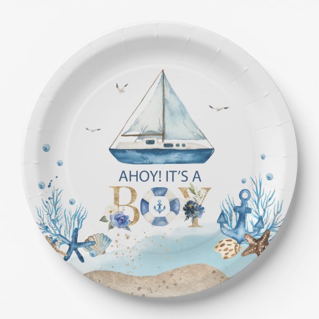 Nautical Blue Boat Ahoy It's a Boy Baby Shower Paper Plate (Front)