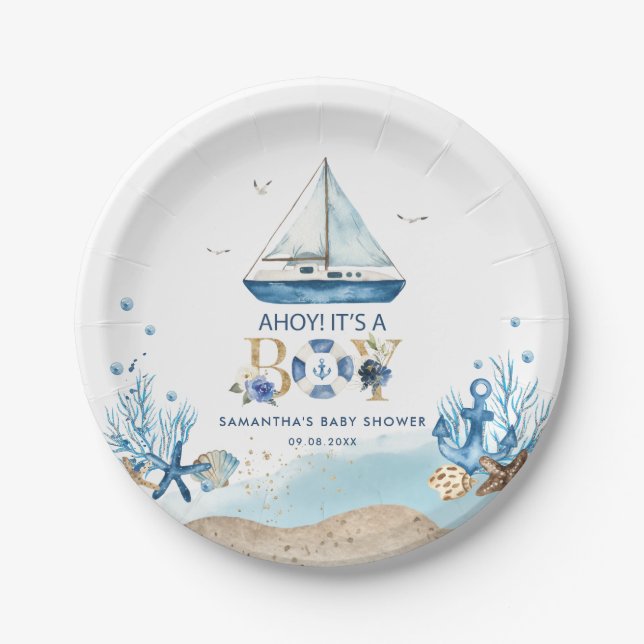 Nautical Blue Boat Ahoy It's a Boy Baby Shower Paper Plate (Front)