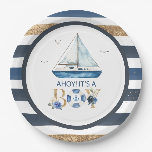 Nautical Blue Boat Ahoy It's a Boy Baby Shower Paper Plate (Front)