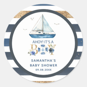 Nautical Blue Boat Ahoy It's a Boy Shower Favour Classic Round Sticker