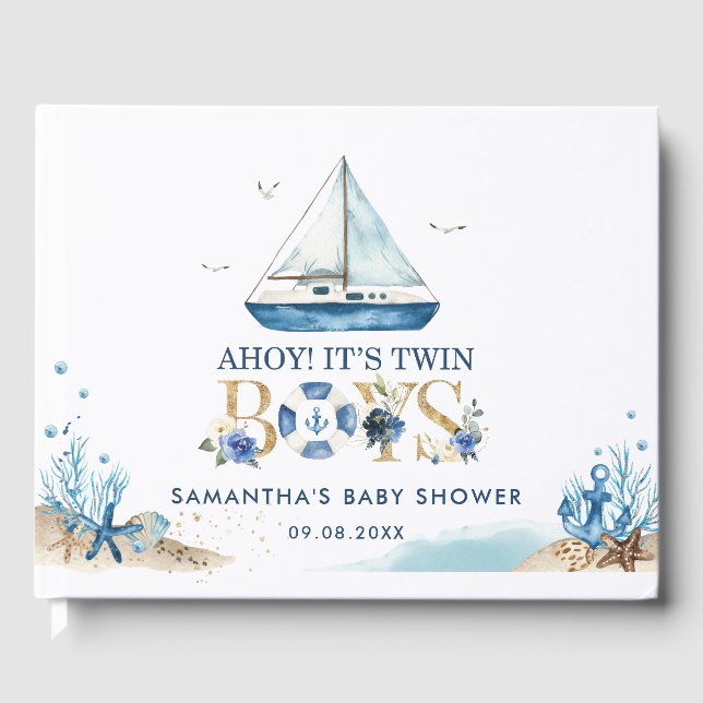 Nautical Blue Boat Ahoy It's Twin Boys Baby Shower Guest Book (Front)