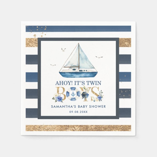 Nautical Blue Boat Ahoy It's Twin Boys Baby Shower Napkin (Front)