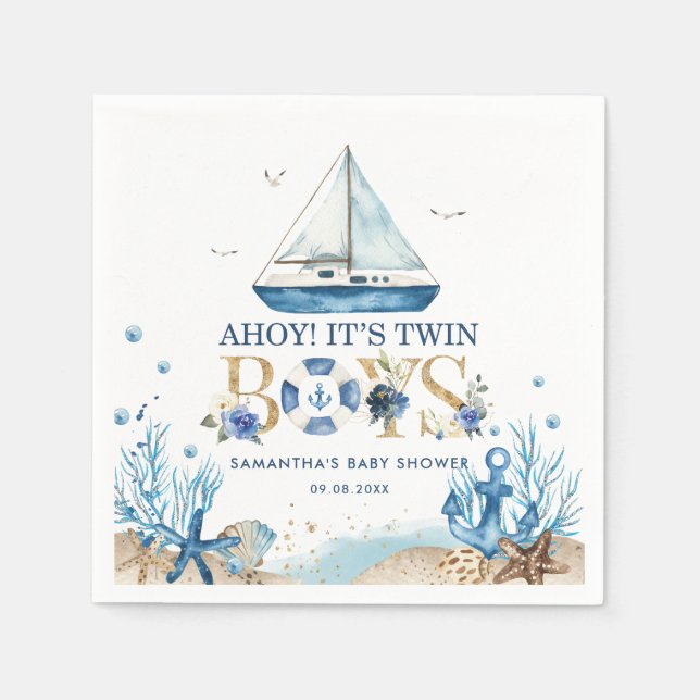 Nautical Blue Boat Ahoy It's Twin Boys Baby Shower Napkin (Front)