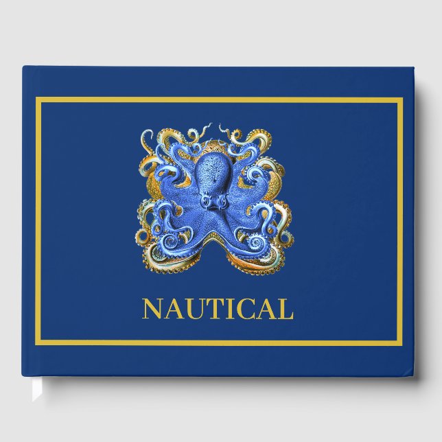 Nautical Blue Boat Beach House Octopus Custom Guest Book (Front)