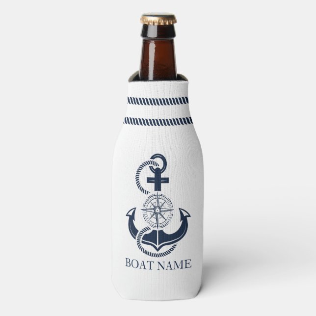Nautical Blue Boat Name Anchor Bottle Cooler (Bottle Front)