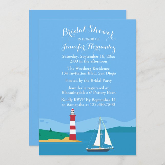 Nautical Blue Bridal Shower Lighthouse & Sailboat Invitation (Front/Back)