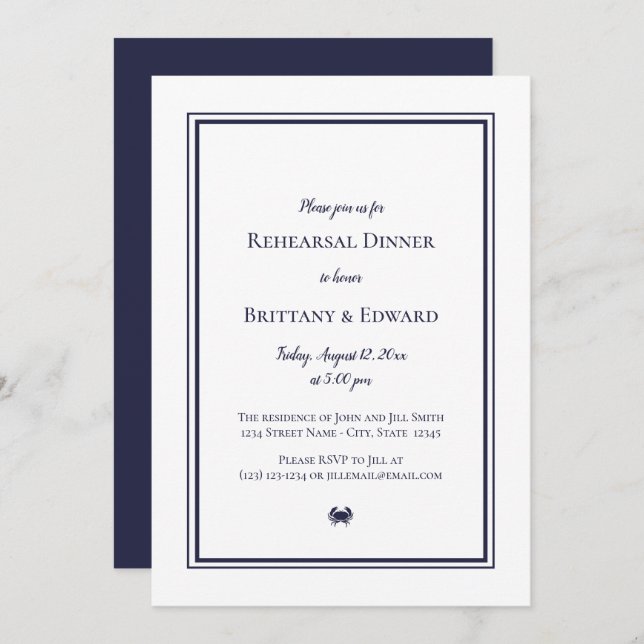 Nautical Blue Crab Rehearsal Dinner Invitations (Front/Back)
