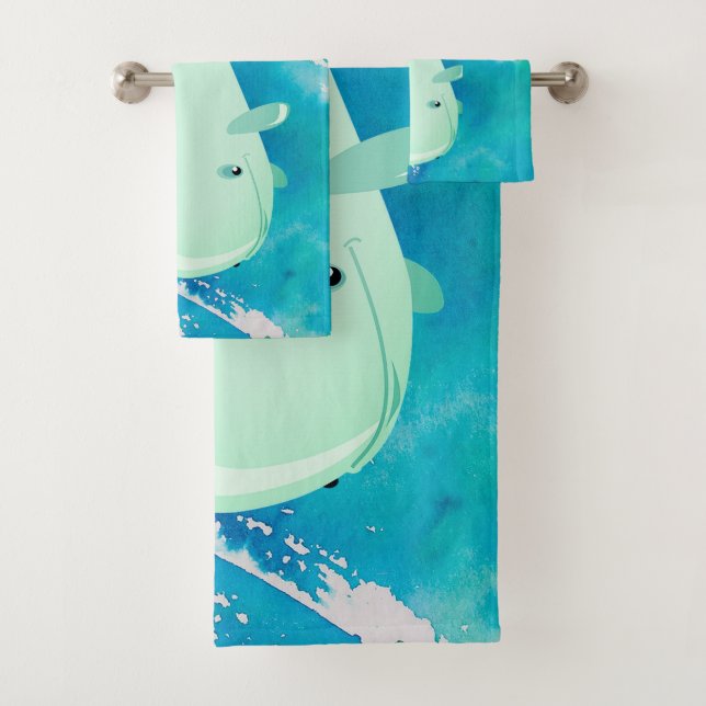 Nautical Blue Cute Whale Watercolor Nursery Bath Towel Set (Insitu)