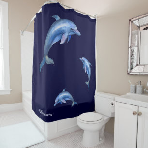 Nautical  Blue Dolphin Watercolor  Name Shower Curtain