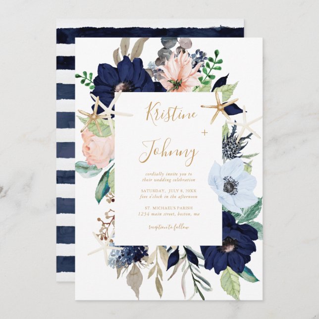 Nautical Blue Floral Gold Starfish Striped Wedding Invitation (Front/Back)