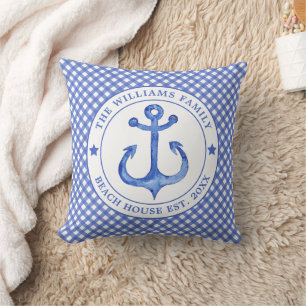 Nautical Blue Gingham Pattern - Family Beach House Cushion