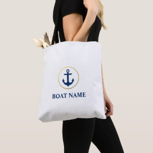 Nautical Blue Gold Anchor Boat Name White Tote Bag