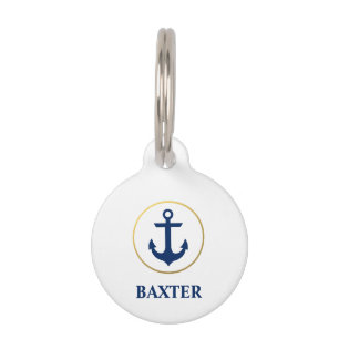 Nautical Blue Gold Anchor Dog Tag - Phone on Back