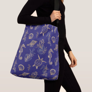 Nautical Blue & Gold Luxe Coastal Sea Life  Crossbody Bag