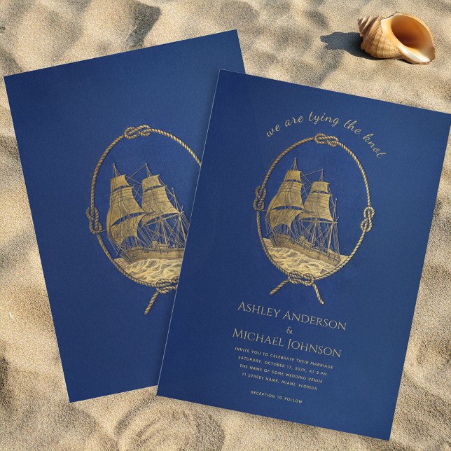 Nautical Blue Gold Ship Sea Tying the Knot Wedding Invitation (Creator Uploaded)