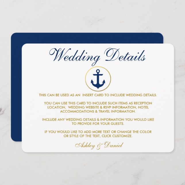 Nautical Blue Gold Wedding Details Insert Invitation (Front/Back)