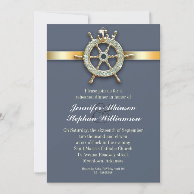 nautical blue golden rehearsal dinner invitations (Front)