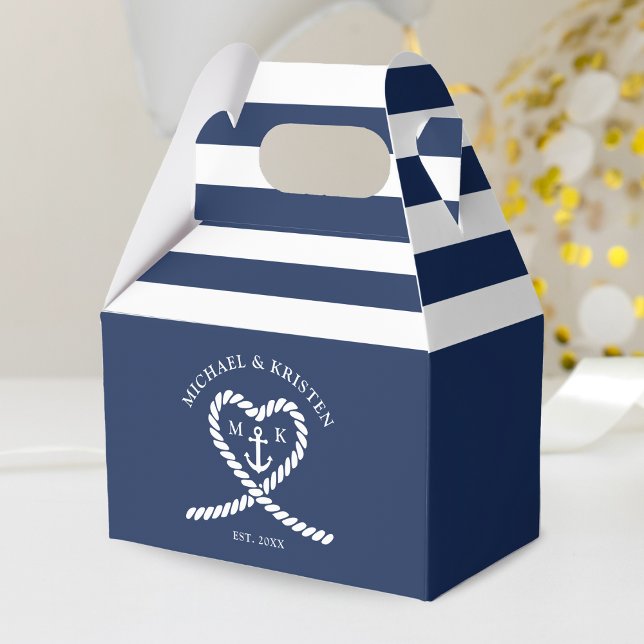 Nautical Blue Heart Anchor Striped Wedding  Favour Box (Nautical Blue and White Rope Heart Anchor Striped Monogram Wedding Favor Box)