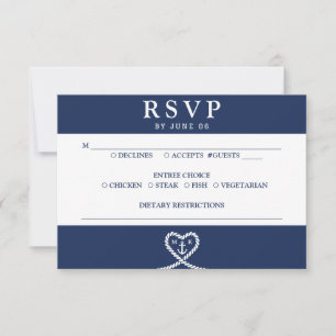 Nautical Blue Heart Rope Monogram Wedding RSVP Card