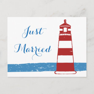 Nautical Blue Just Married Red Wedding Lighthouse Announcement Postcard