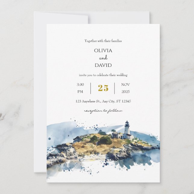 Nautical Blue Lighthouse Watercolor Beach Wedding  Invitation (Front)