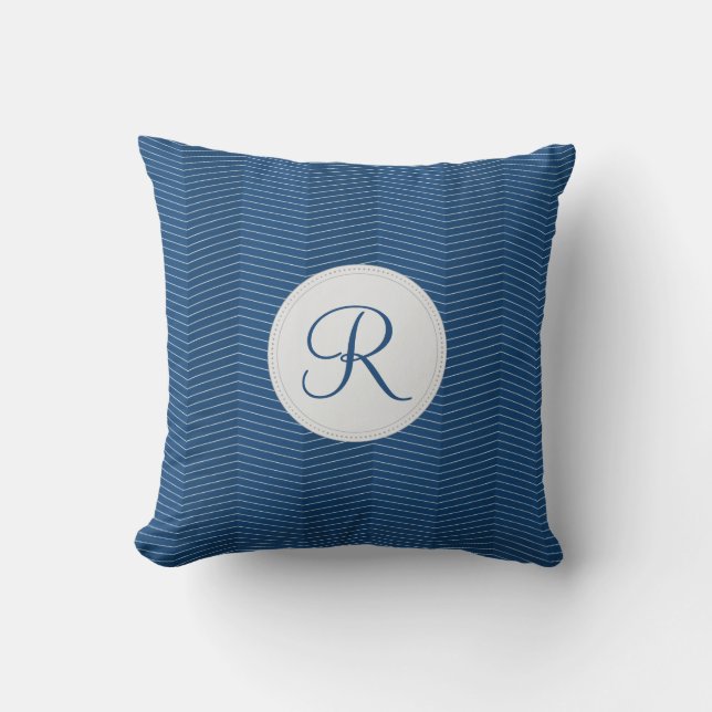 Nautical Blue Monogram Thin Chevron Pattern Cushion (Front)