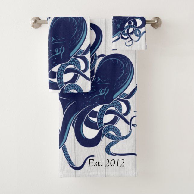  Nautical Blue Octopus Coastal White Wood Bath Towel Set (Insitu)
