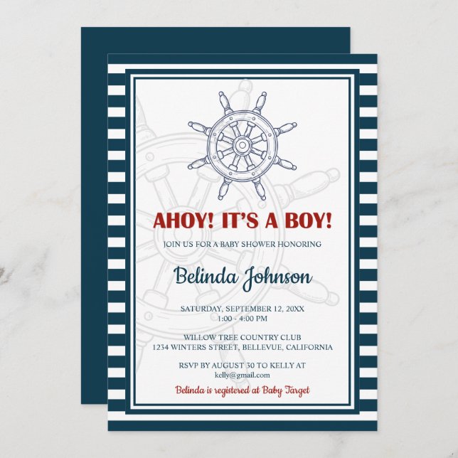 Nautical Blue & Red Baby Shower Invitation (Front/Back)