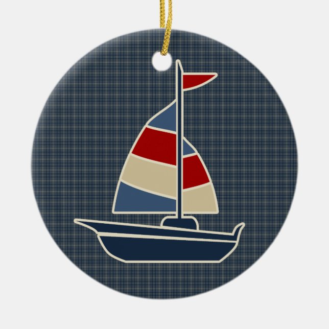 Nautical Blue, Red, Cream Sailboat Custom Ceramic Tree Decoration (Front)