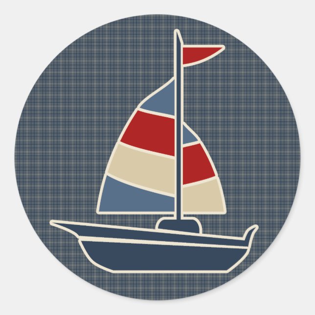 Nautical Blue, Red, Cream Sailboat Custom Classic Round Sticker (Front)