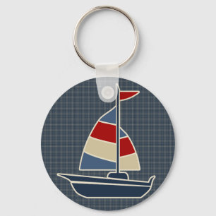 Nautical Blue, Red, Cream Sailboat Custom Key Ring