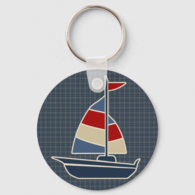 Nautical Blue, Red, Cream Sailboat Custom Key Ring (Front)