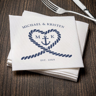 Nautical Blue Rope Heart Anchor Monogram Wedding  Napkin