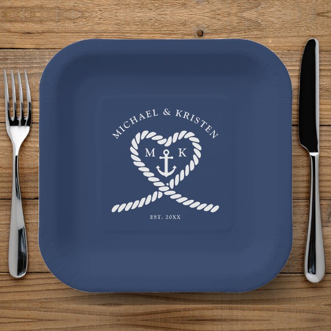 Nautical Blue Rope Heart Anchor Monogram Wedding  Paper Plate (Nautical Blue Rope Heart Anchor Monogram Wedding Paper Plates)