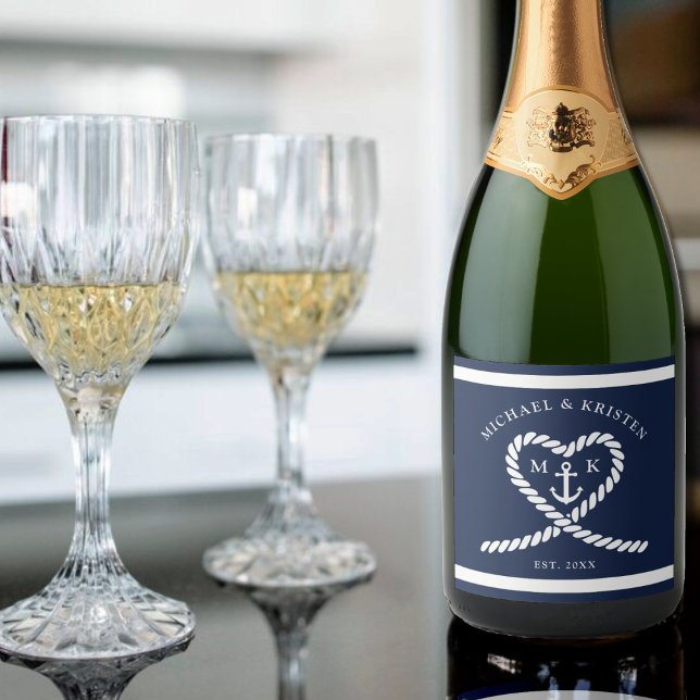 Nautical Blue Rope Heart Anchor Monogram Wedding  Sparkling Wine Label (Nautical Blue Rope Heart Anchor Monogram Wedding Sparkling Wine Label)