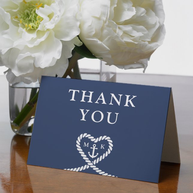 Nautical Blue Rope Heart Anchor Monogram Wedding Thank You Card (Creator Uploaded)