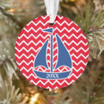Nautical Blue Sailboat Custom Chevron pattern Ornament<br><div class="desc">This nautical blue sailboat design will delight any sailor or first mate with it’s chevron background that can be changed to match any colour. Personalise with your text like “Captain Jack” or “Sailor Sam” or a monogram for a custom look. Or if you prefer, just delete the text. Bright and...</div>