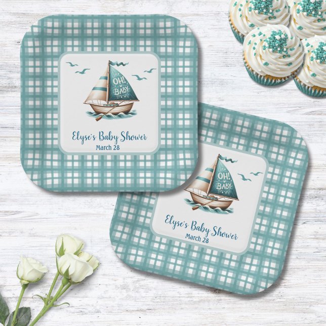 Nautical Blue Sailboat"Oh, Baby" Baby Party Plates (Nautical "Oh, Baby" Paper Plates for Bay Shower)