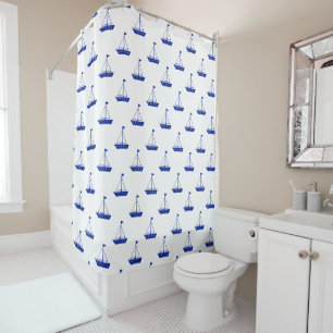 Nautical Blue Sailboats on White Shower Curtain
