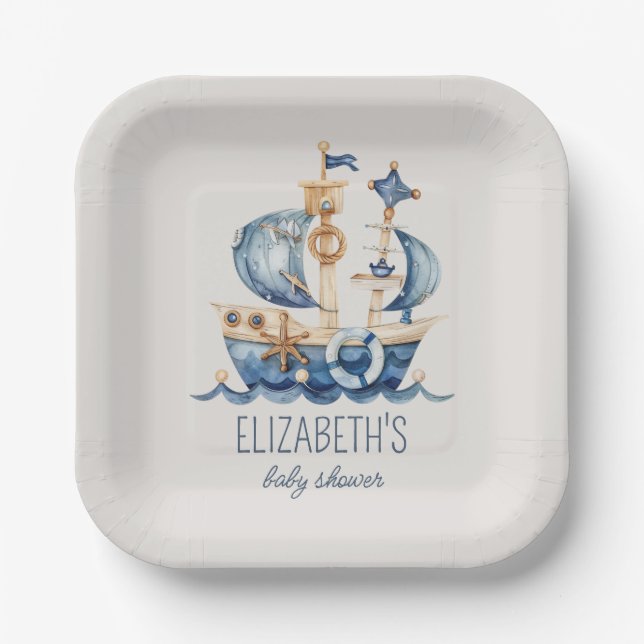 Nautical Blue Sailing Ship Baby Shower Paper Plate (Front)