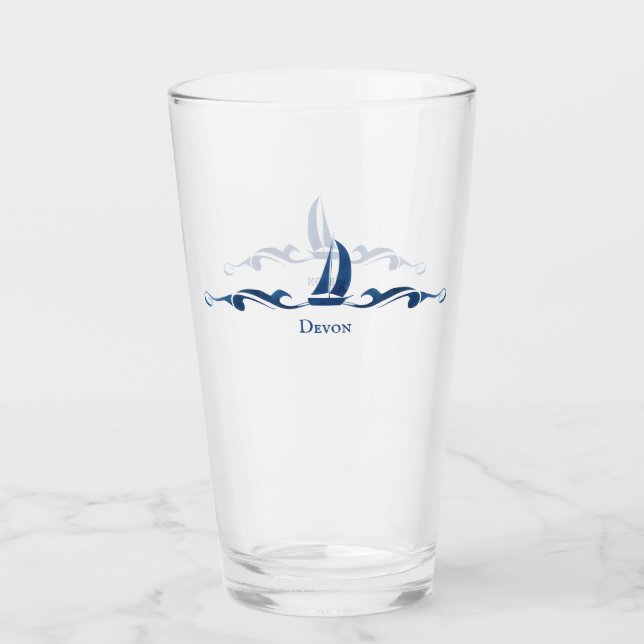 Nautical Blue Sailing Yacht Monogram Glass (Front)
