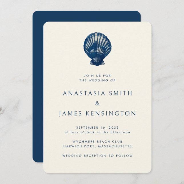 Nautical Blue Sea Shell Stylish Modern Wedding Invitation (Front/Back)