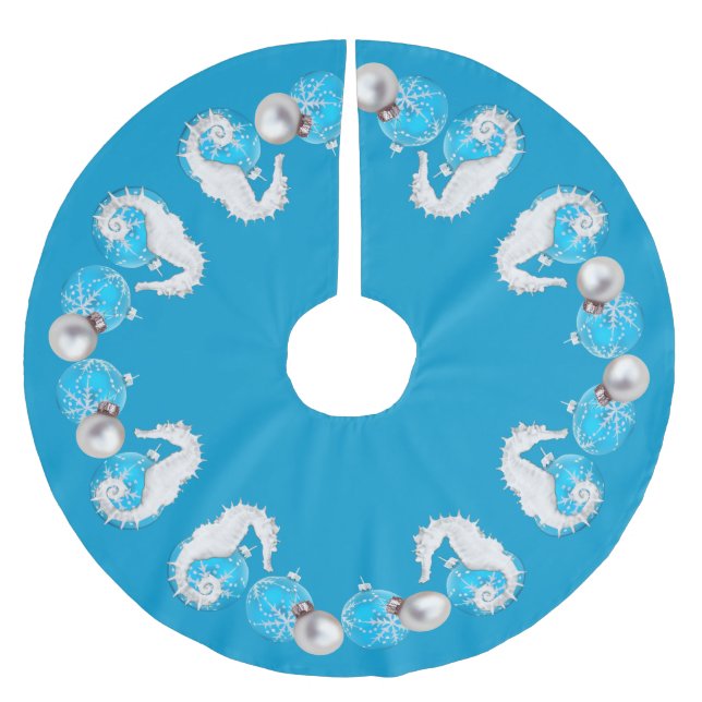 Nautical Blue Seahorses Brushed Polyester Tree Skirt (Front)
