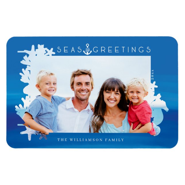 Nautical Blue Seas & Greetings Ocean Photo Frame Magnet (Horizontal)