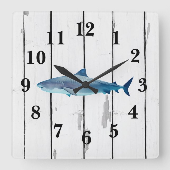 Nautical Blue Shark Shiplap Rustic Decor Square Wall Clock (Front)
