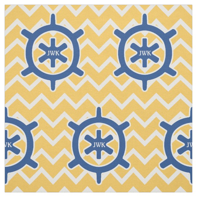 Nautical Blue Ship's Wheel Monogram and Chevron Fabric (Swatch)