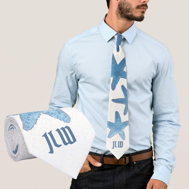 Nautical Blue Starfish on White Tie (Creator Uploaded)