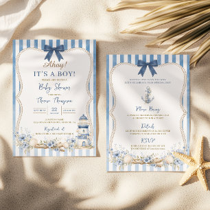 Nautical Blue Stripe Ahoy It's A Boy Baby Shower Invitation