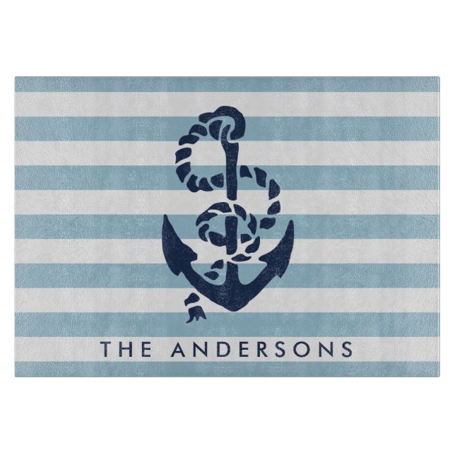 Nautical Blue Stripe & Navy Anchor Personalised Cutting Board (Front)